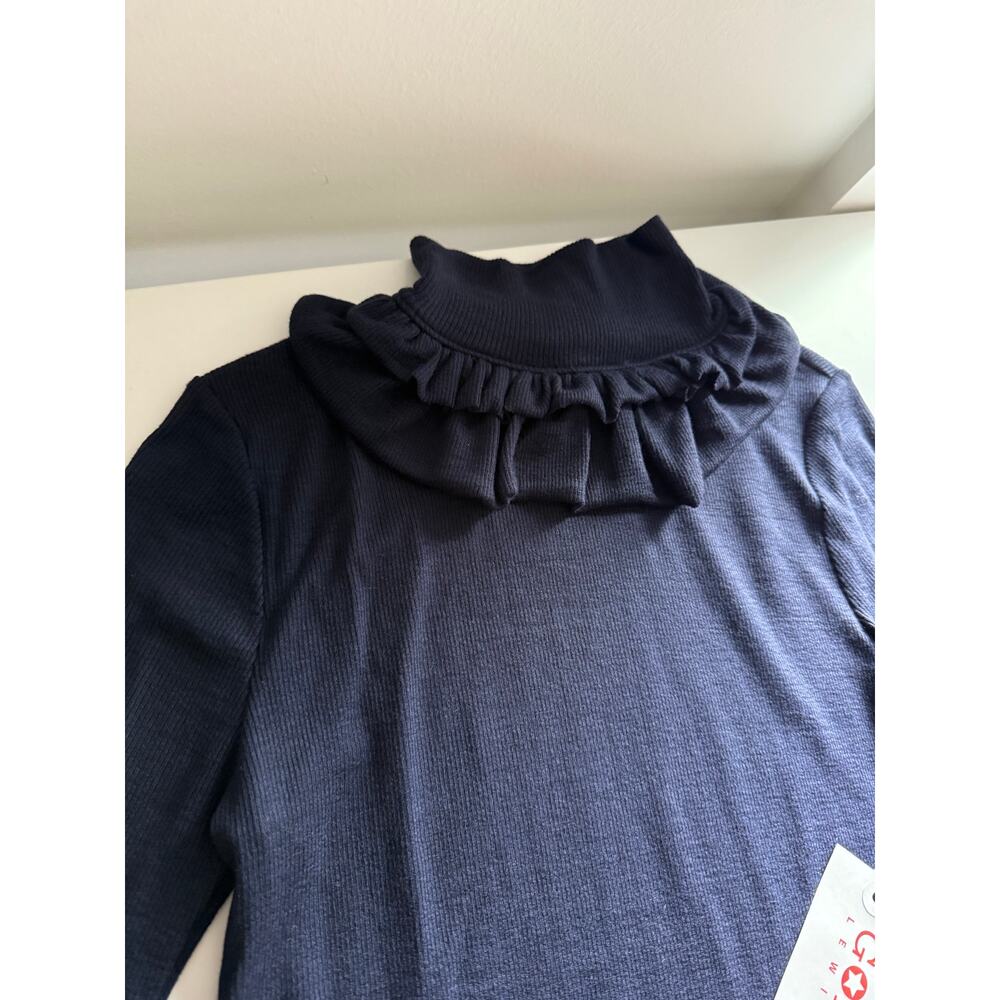 $135 New Goldie Tees Double Ruffle Modal Rib Turtleneck - Small - Navy - Picture 3 of 6